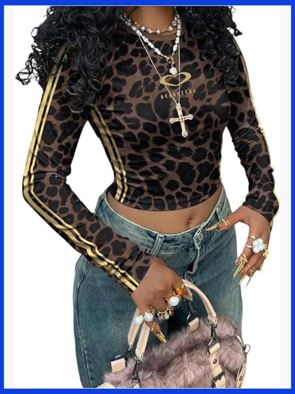 Y2K Leopard Print Long Sleeve Crop Top Crewneck Slim Fit Tee - Picture 1 of 4